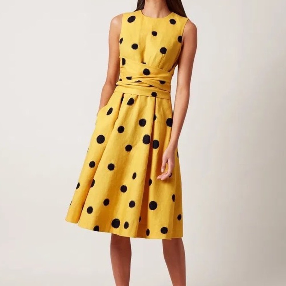 Hobbs London Carina twitchill Yellow Linen Polka Dot Tie Waist Dress 10 Preppy - Picture 1 of 7